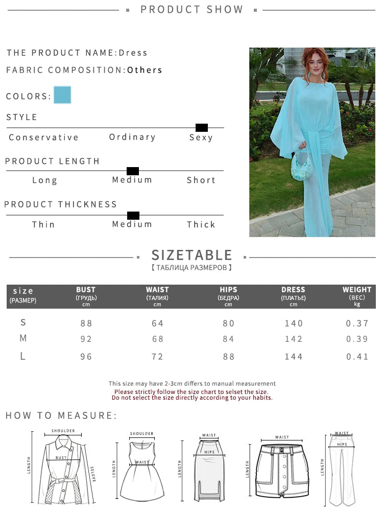 Batwing Sleeve Ruched Elegant Long Dress Woman Autumn Trend Sexy See Through o-Neck Backless Beach Style Chic Vestidos