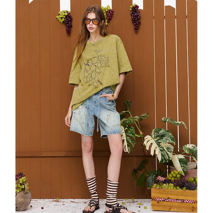 Vintage Washed Grape Print T-Shirt Women Summer Loose Mid-Length Casual Top Design Graphic Tee