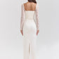 Lace Long Sleeve Sexy Maxi Dress For Women White Square Collar Backless Back Split Bodycon Club Party Long Dress
