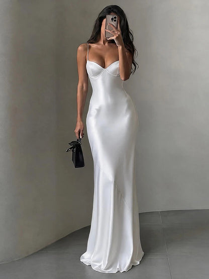 Low-Neck Satin Maxi Dress Women Sleeveless Slim Chic Wedding Party Elegant Vacation Summer Fashion Classic Vestidos