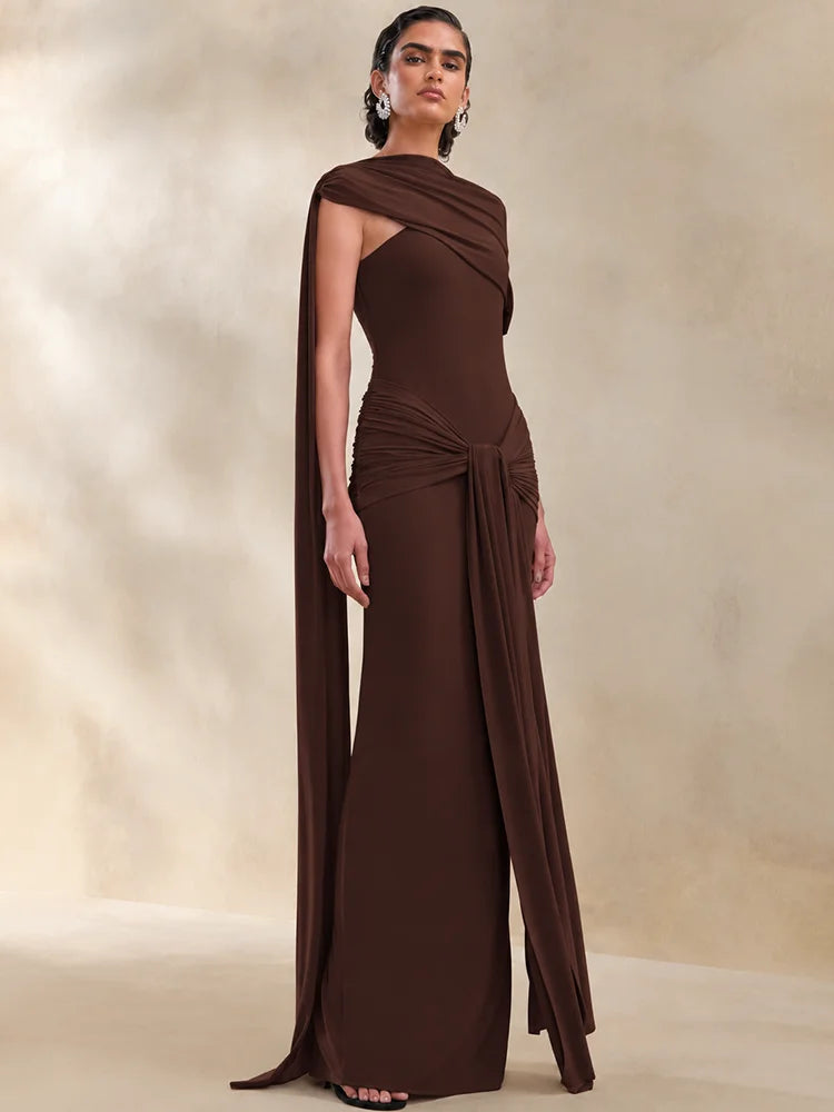 Women Asymmetrical Draped One Shoulder Maxi Dress Long Sleeve Waist Ruched High Split Bodycon Club Party Party Dress