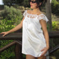 Lace Trim Satin White Dresses for Woman Summer 2026 Square Neck Short Sleeve Mini Dress
