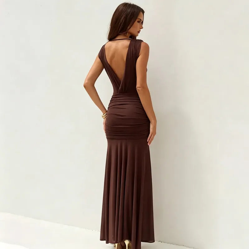 Transparent Mesh Patchwork Black Long Summer Dress Sexy Elegant Deep V Neck Sleeveless Backless Maxi Dresses