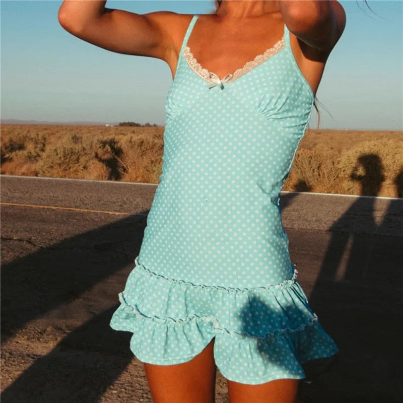 Summer Women Striped Polka Dot Print Bodycon Mini Dress Lace Trim Spaghetti Strap Ruffle Hem Bow Y2K Coquette Dress
