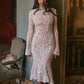 Lace Long Sleeve Sexy Midi Dress For Women Elegant White Half High Collar High Waist Bodycon Club Party Sexy Long Dress