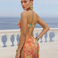 Sexy 3 Piece Set Women Y2K Colorful Print Double Buckle Tube Bra+Thong+Split Skirts Vacation Beach Clubwear Swimsuit