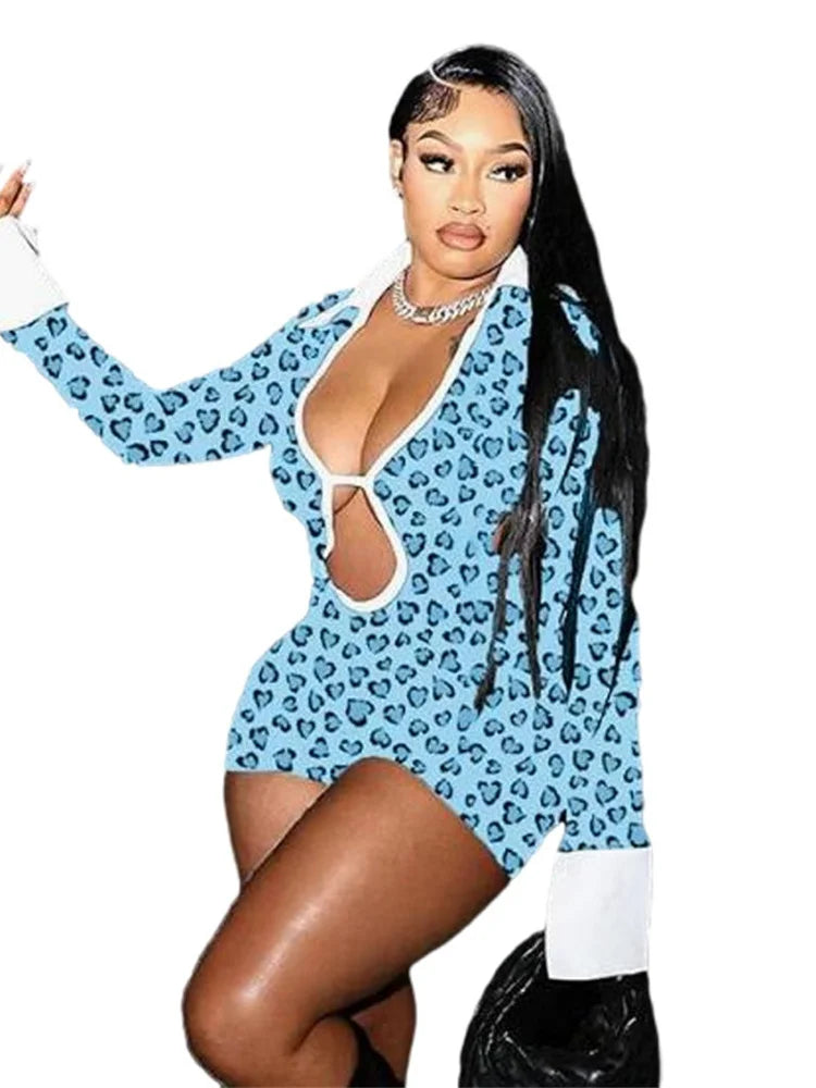 Sexy Polo Neck Playsuit Women Leopard Backless Bandage Full Sleeve Skinny Contrast Color Midnight Street Club Rompers