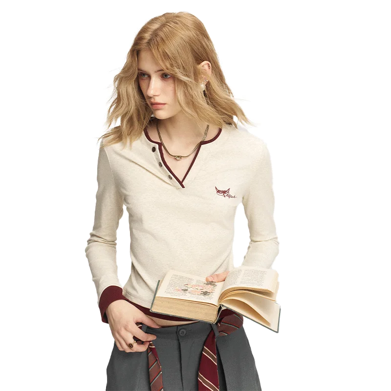Women's Henley Ringer T-Shirt with Contrast Trim, Long Sleeve Casual Slim Top for Everyday Wear