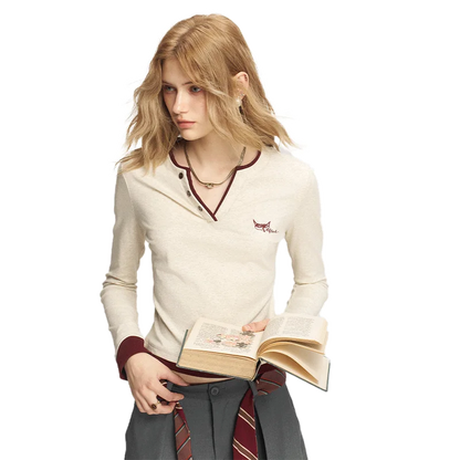Women's Henley Ringer T-Shirt with Contrast Trim, Long Sleeve Casual Slim Top for Everyday Wear