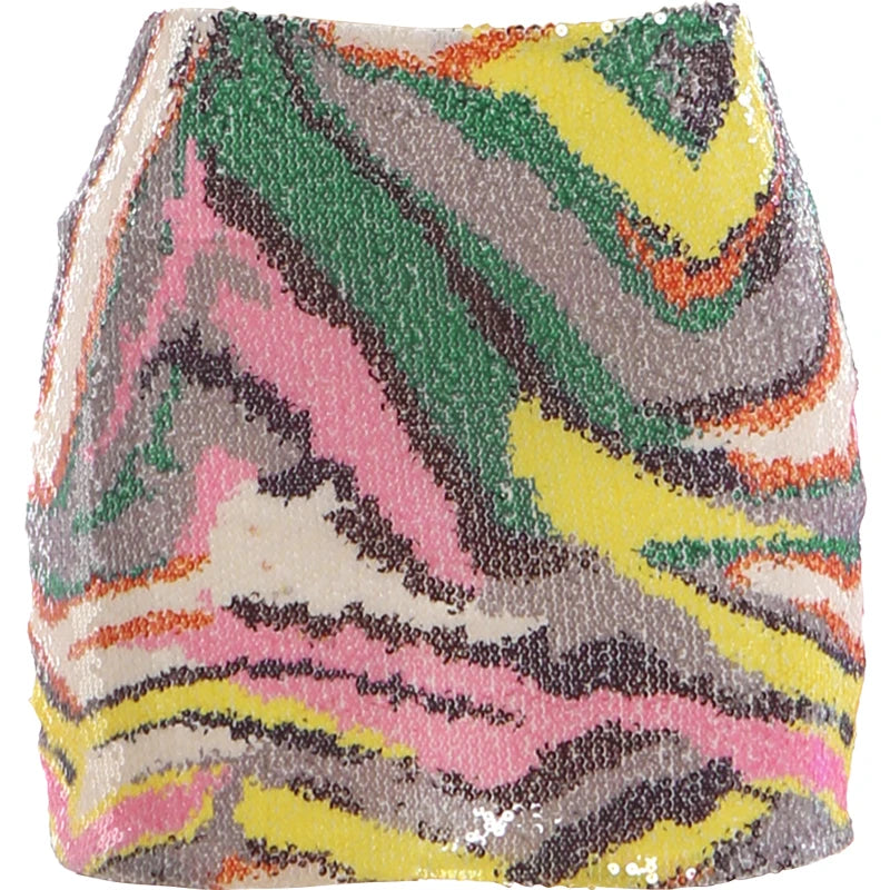 Midnight Colorful Sequin Patchwork Skirt Women Sexy Hottie Street Mini Peach Hip Clubwear Fashion Chic Skinny Outfits
