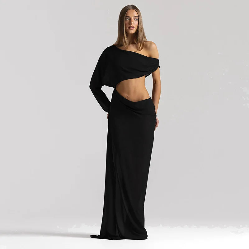 Transparent Chiffon One Shoulder Cut Out Long Sleeve Maxi Dress Woman Elegant Yellow Black Evening Dresses