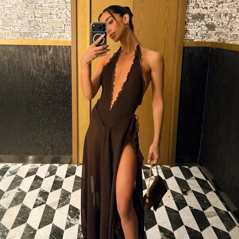 Frilly Deep V Neck Backless High Split Maxi Dresses Brown Mesh Sheer Sexy Summer Dress for Woman 2026