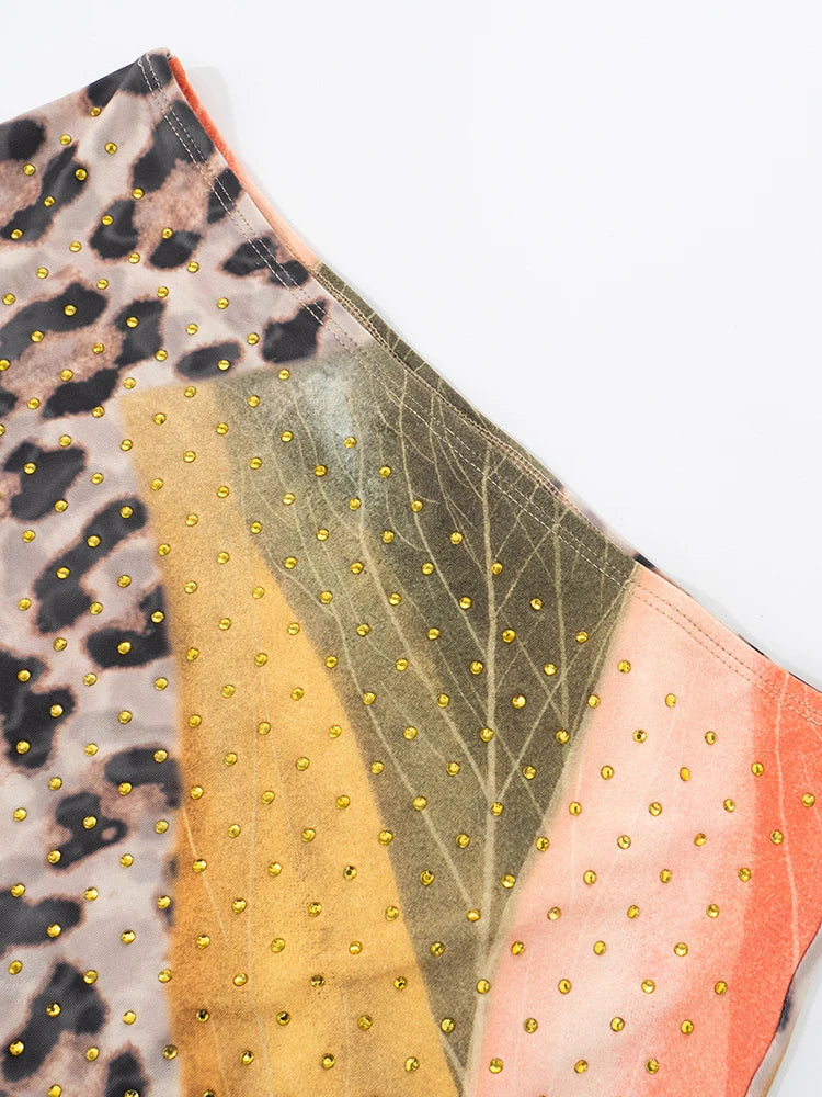 Rhinestones Leopard Print Skirts Women Wild Basic Wild Summer Trend Y2K Hottie Sexy Skinny Party Clubwear Mini Bottom