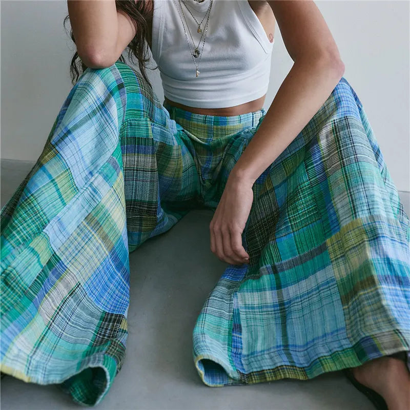 Vintage Plaid Patchwork Tiered Wide Leg Pants Women Shirred Waist Flowy Loose Bohemian Casual Streetwear Trousers