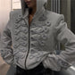 Y2K Women Structured Shoulder Zip Hoodie 3D Rope Embroidery Braid Trim Jacket Street Fashion Casual Winter Hooded Coat
