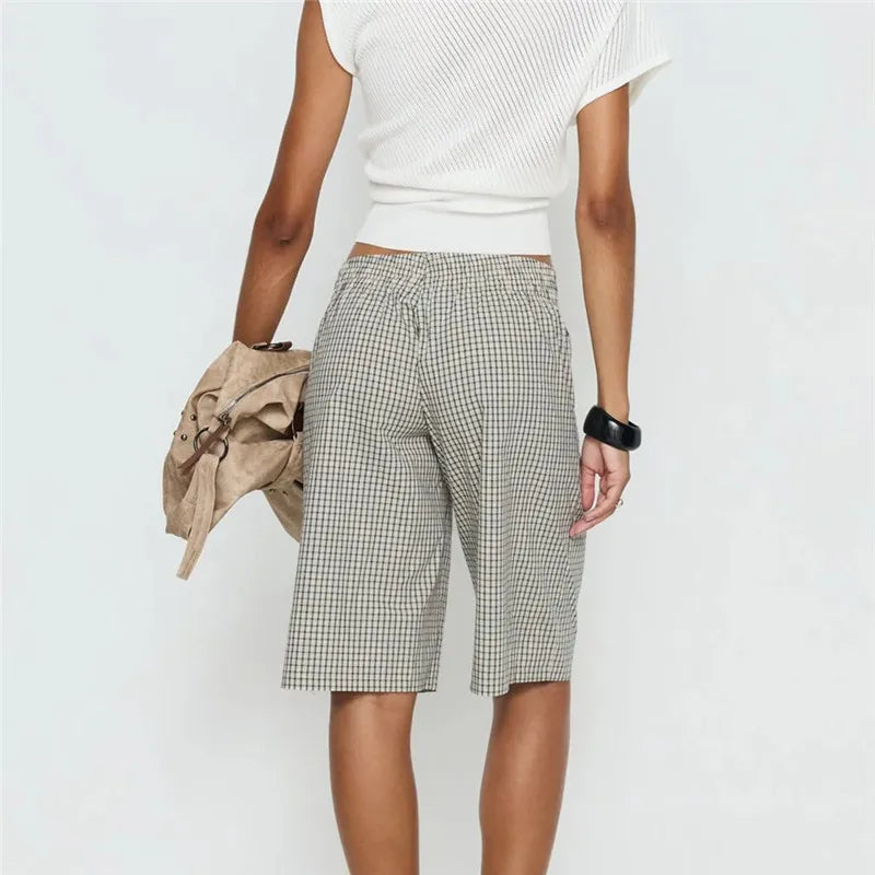 Vintage Plaid Check Bermuda Shorts Elastic Waist Loose Knee Length Trousers For Women Casual Summer Streetwear DailyWear