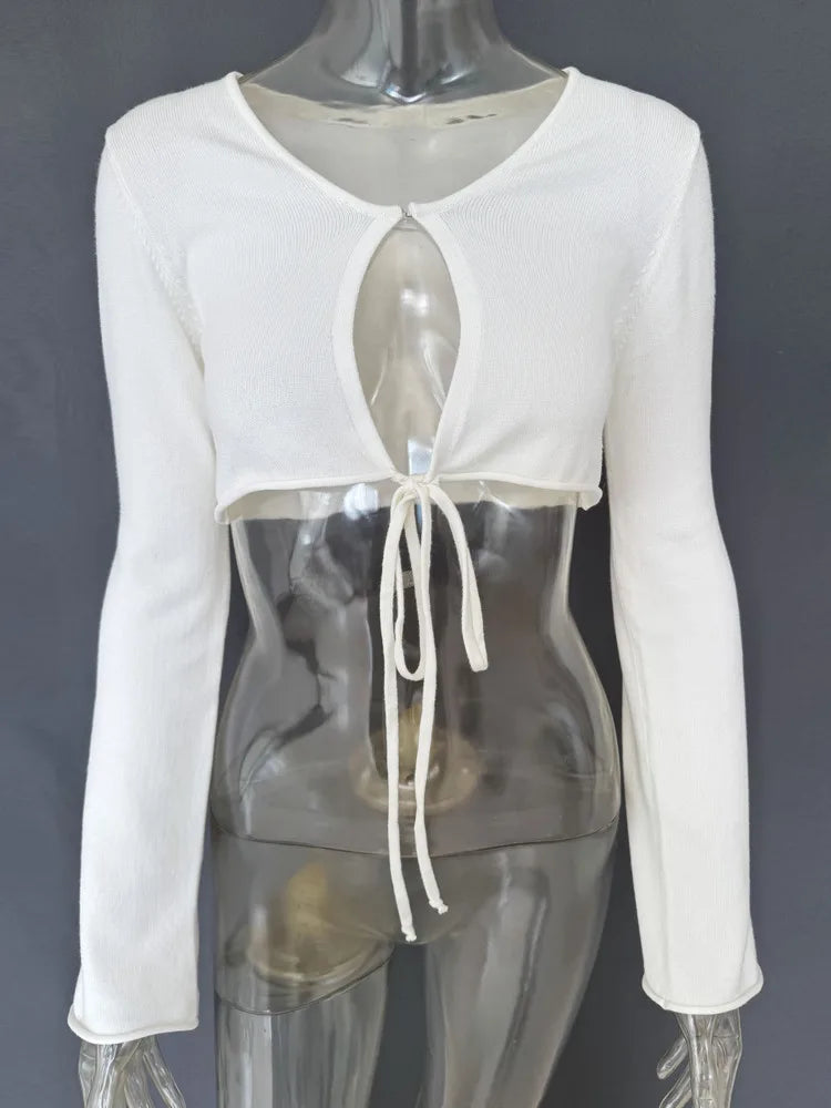 Women Y2K Knit Long Sleeve Crop Top Front Tie Cut Out Keyhole T-shirt Slim Fit Flare Cuff Hollow Out Cropped Blouse
