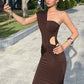 Casual Long Dress Woman Ruched Kink Design Skew Inclined Shoulder Sleeveless Backless Street Fashion Style Slim Vestidos