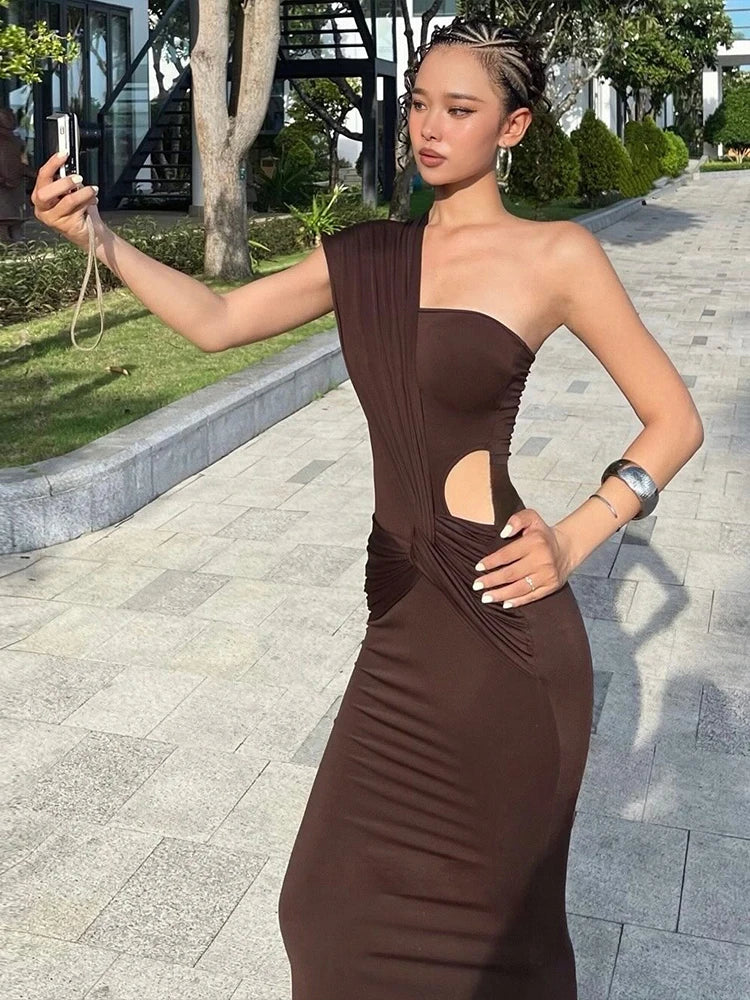 Casual Long Dress Woman Ruched Kink Design Skew Inclined Shoulder Sleeveless Backless Street Fashion Style Slim Vestidos