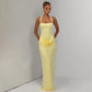 Halter Backless Ruched Maxi Dress Evening Gown Brown Classy Dresses for Woman Elegant Wedding Guest