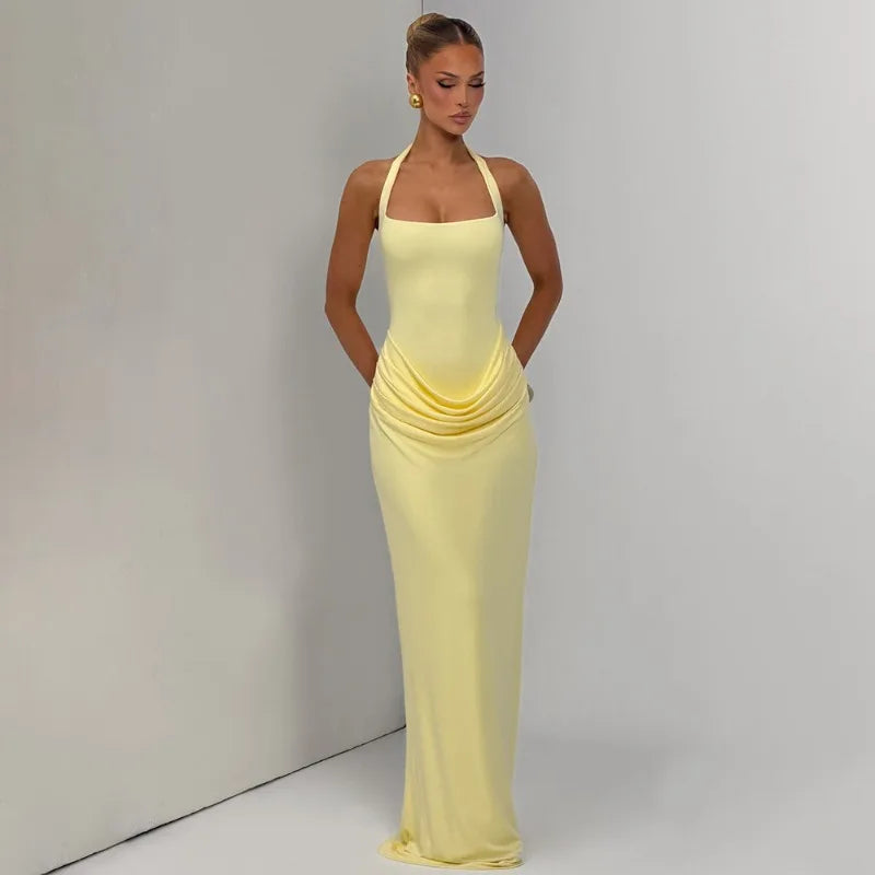 Halter Backless Ruched Maxi Dress Evening Gown Brown Classy Dresses for Woman Elegant Wedding Guest