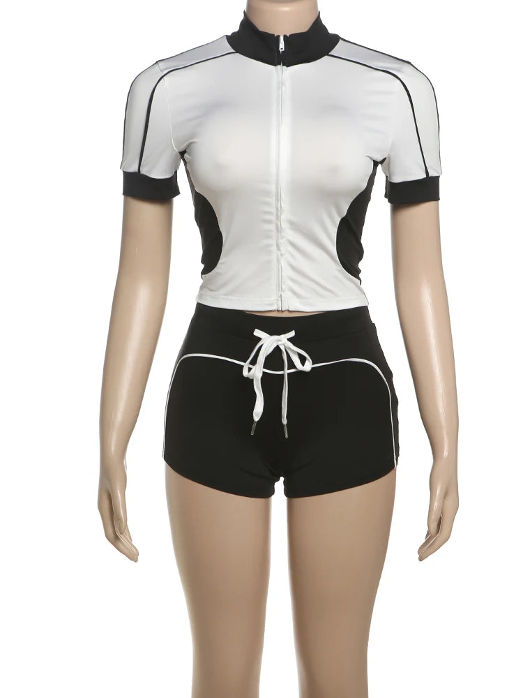 Summer 2Piece Set Tracksuit Women Zip Patchwork Shorts Sleeve Crop Tops+Shorts Matching Sporty Skinny Stretch Outfits