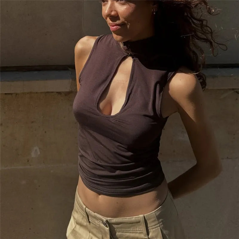 Keyhole Cutout Tops for Women Y2K Mandarin Collar Shirt Sexy Fitted Hollow Out Tank Summer Fashion Going Out Tops