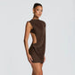 Asymmetric Ruched Mesh Sleeveless Backless Mini Dresses 2026 Woman Party Dress Brown White