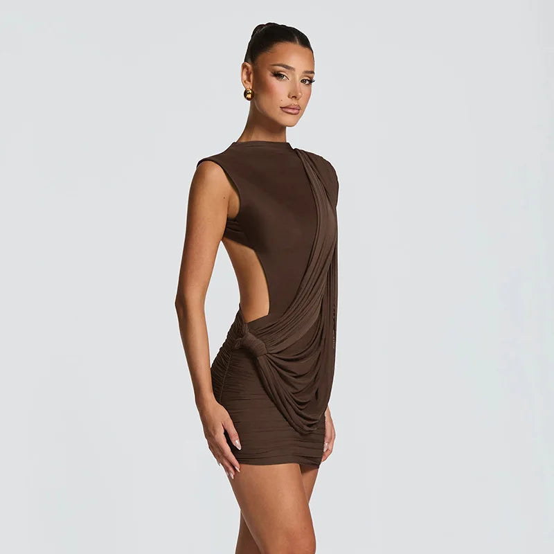 Asymmetric Ruched Mesh Sleeveless Backless Mini Dresses 2026 Woman Party Dress Brown White