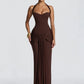 Halter Backless Sexy Maxi Dress Women Elegant Sleeveless Ruched Waist Draped Bodycon Club Party Evening Cocktail Dress