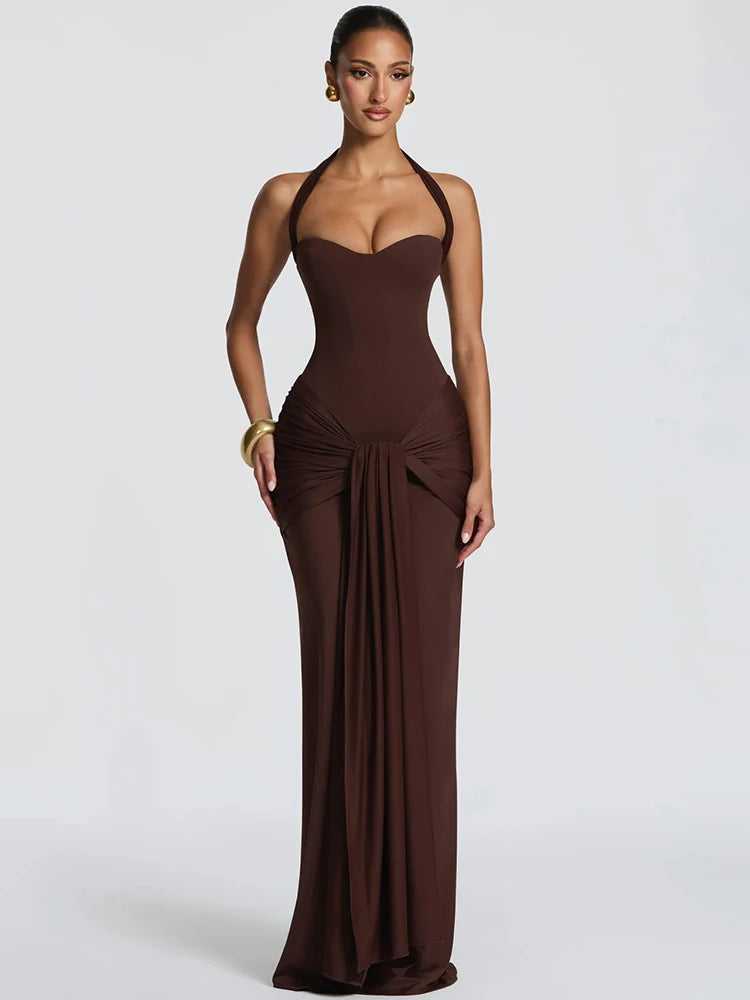 Halter Backless Sexy Maxi Dress Women Elegant Sleeveless Ruched Waist Draped Bodycon Club Party Evening Cocktail Dress
