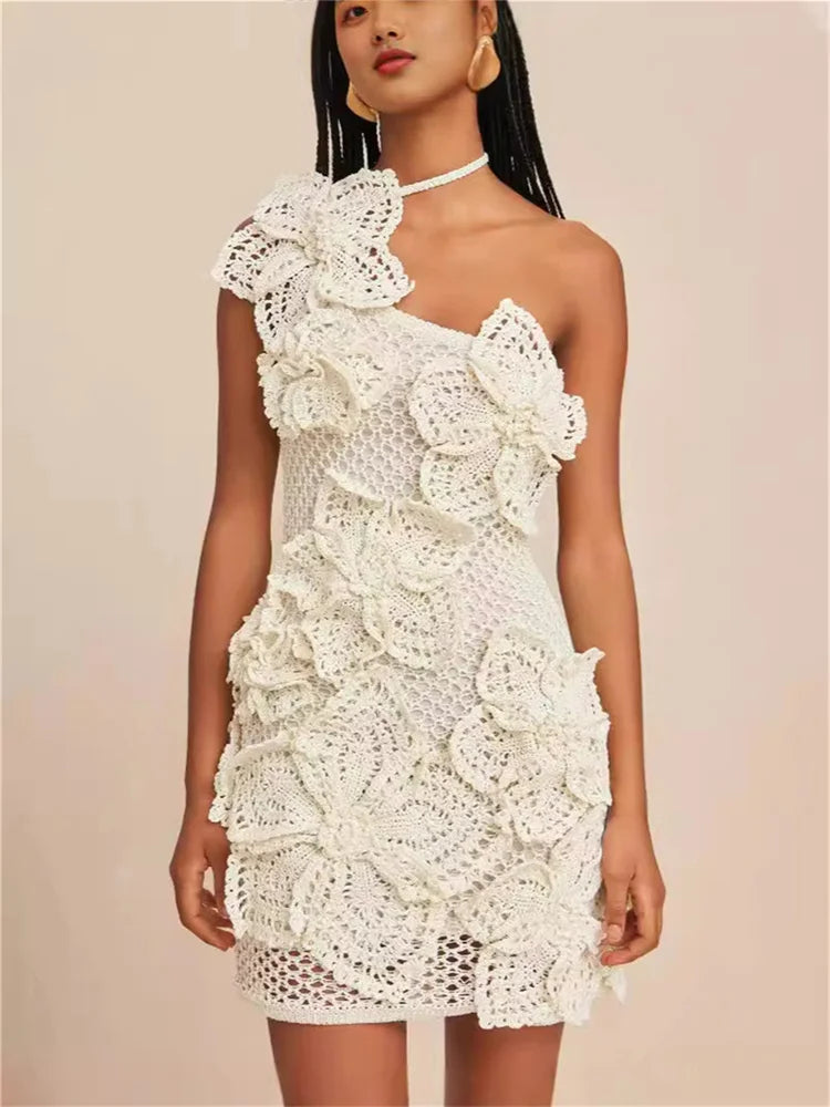 Elegant Crochet Dress Women Summer Halterneck Diagonal Collar Backless Lace-Up Flower Embroidery Sexy Trend Bodycon