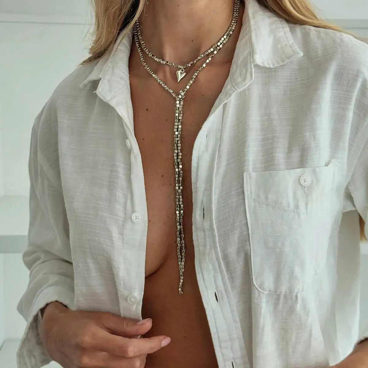 Adjustable Long Chain Necklace for Women, Sexy Stackable CCB Beads, OT Buckle, Love Heart Pendant, Choker Sweater Jewelry