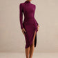 Women Turtleneck Long Sleeve Midi Dress Ruched Side Slit Bodycon Dress Solid Color Elegant Evening Party Midi Dresses