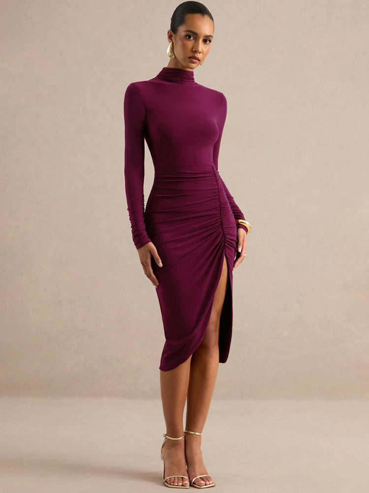 Women Turtleneck Long Sleeve Midi Dress Ruched Side Slit Bodycon Dress Solid Color Elegant Evening Party Midi Dresses