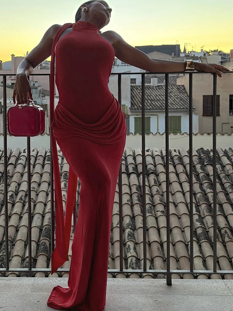 Folds Maxi Dress Women Bandage Halter Long Tassel Sleeveless Backless High Elasticity Elegant Banquet Party Vestidos