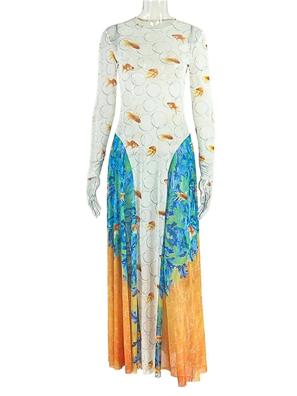 Goldfish Print Patchwork Dress Women Sexy See Through Long Sleeve Y2K Skinny Party Midnight Clubwear Party Vestidos