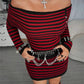 Y2K Women Striped Knit Bodycon Dress Off The Shoulder Long Sleeve Button Detail Slim Fit Mini Dress Night Party Clubwear