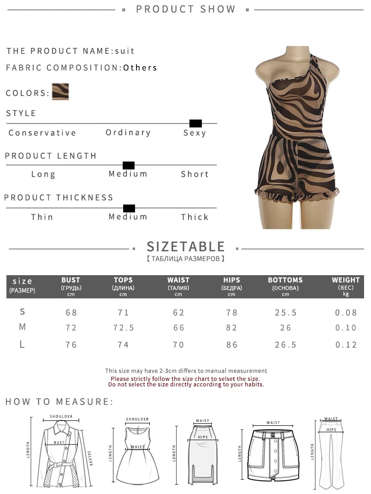 Wavy Pattern Print 2 Piece Set Woman Skew Collar Backless Tank Tops+Ruffles Edge Design Mini Shorts Sexy Fashion Suit