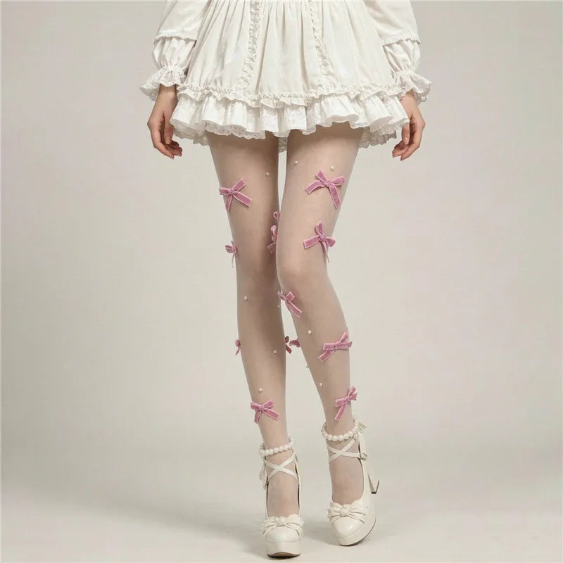 Sweet Lolita 3D Bow Pearl Sheer Pantyhose Women Transparent Mesh Tights Cute Bowknot Decor Hosiery Cosplay Stockings