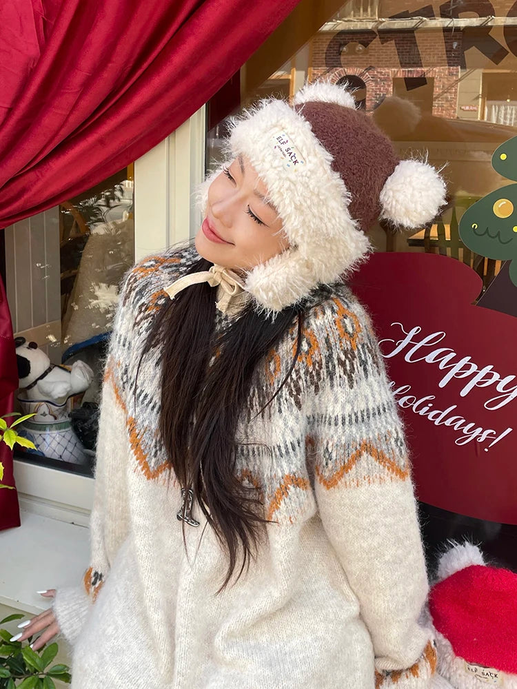 Y2K Cute Plush Hat Ear Flap Solid Tie Beanie For Women