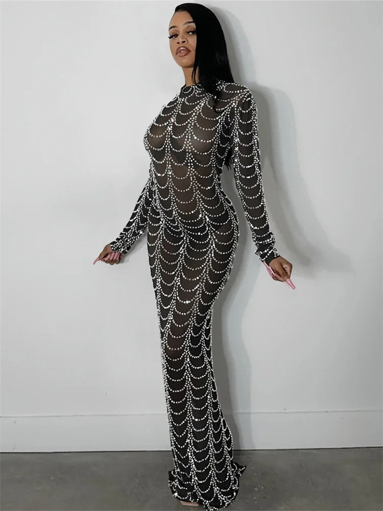 Mesh See Through Long Dress Women Rhinestones Decoration Full Sleeve Skinny Wrap Hip Midnight Sexy Coquette Vestidos