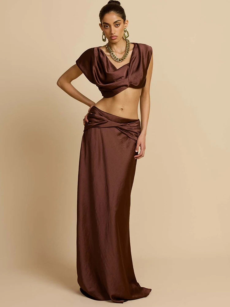 Women's Sexy Club Party Two-Piece Set Elegant Sleeveless Crop Top Maxi Skirt Matching Sets Female Ruched Two Piece Set