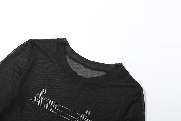 Sexy 2-Piece Top Set Women Bandage Halter Bra+See Through Fake Diamond Sticker Full Sleeve t-Shirt Midnight Streetwear