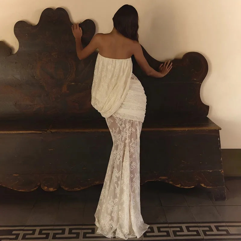 Lace White Dresses Woman Elegant Strapless Asymmetrical Drape Fishtail Maxi Dress Evening Gown