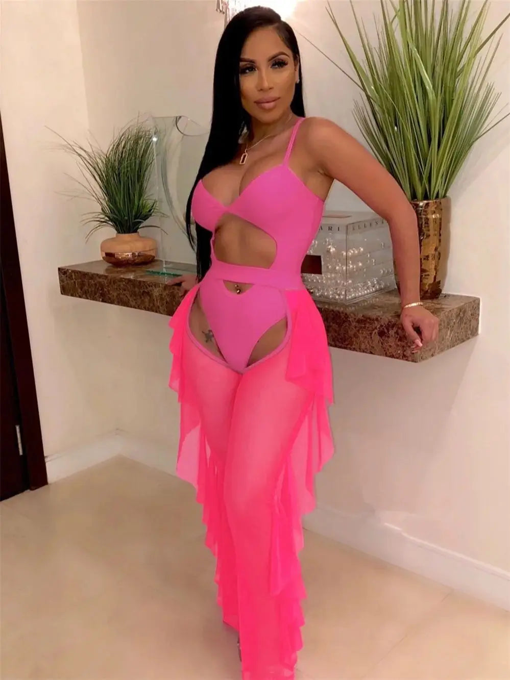 Summer 2 Piece Set Women Sexy Hollow See Through Bodysuit Top+Ruffles Pants Vacation Beach Matching Clubwear Outfits