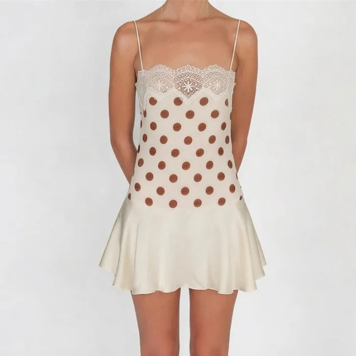 Y2K Polka Dot Sexy Mini Dress Women Summer Lace Satin Spaghetti Strap Sleeveless Backless Slim Fit Beach Club Dress