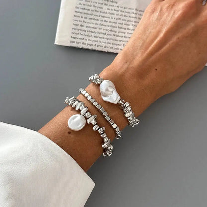 3Pcs/Set Elegant Baroque Imitation Pearl Bracelet Women Trend Silver Color Acrylic Beaded Bracelet Stackable Hand Jewelry