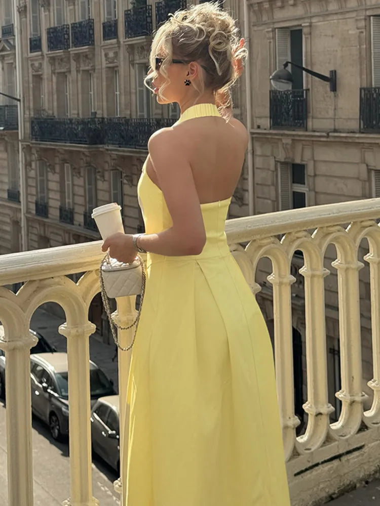Halter Backless Sexy Midi Dress Women Fashion Solid Sleeveless High Waist A-line Club Party Pleated Long Dresses Female