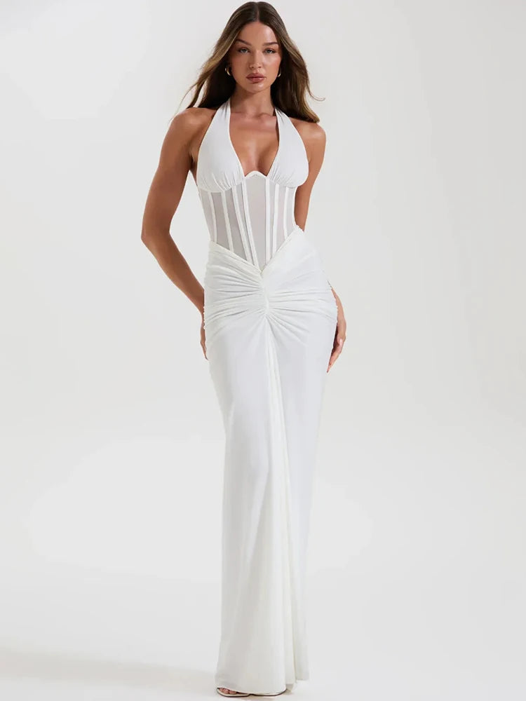 Halter Backless Sexy Maxi Dress Women V Neck Off-shoulder Sleeveless Draped Ruched Bodycon Club Party Long Dress